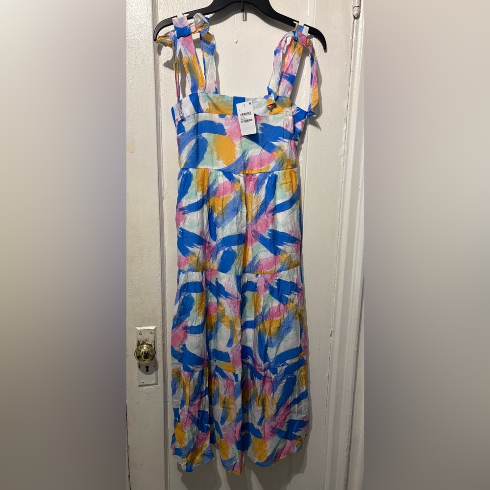 Blu Pepper Blue, Pink, Yellow Brushstroke Tiered Dress